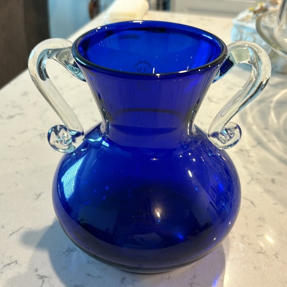 Vintage Handmade in Poland Vase by Wanda Imported. Covalt Blue, Clear Handles - Picture 3 of 6